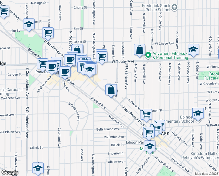 map of restaurants, bars, coffee shops, grocery stores, and more near 311 South Northwest Highway in Park Ridge