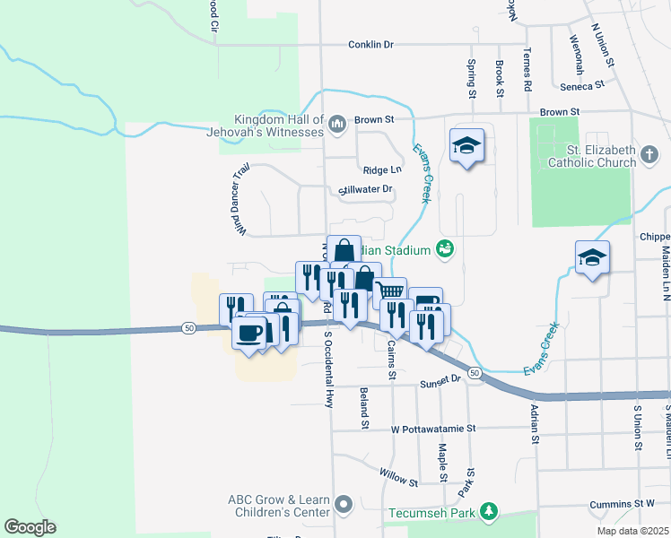 map of restaurants, bars, coffee shops, grocery stores, and more near 50 Stonehenge Apartment in Tecumseh