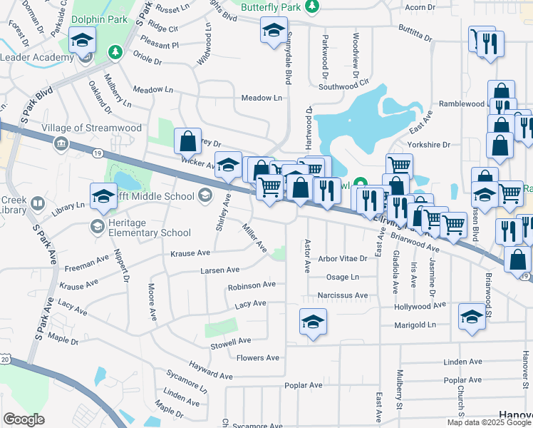 map of restaurants, bars, coffee shops, grocery stores, and more near 901 Irving Park Road in Streamwood