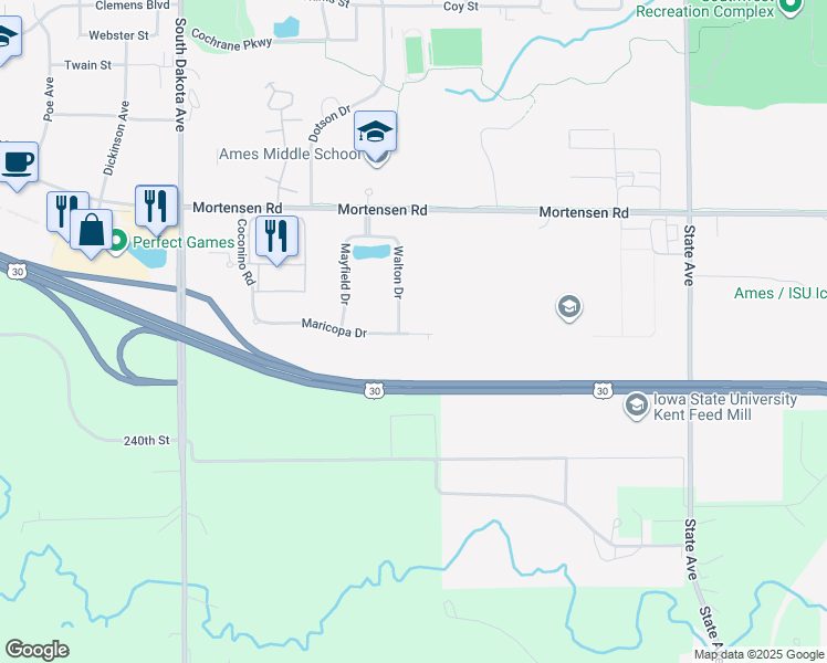 map of restaurants, bars, coffee shops, grocery stores, and more near 3911 Maricopa Drive in Ames