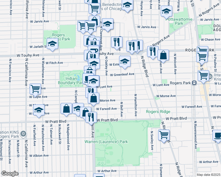 map of restaurants, bars, coffee shops, grocery stores, and more near 2239 West Lunt Avenue in Chicago