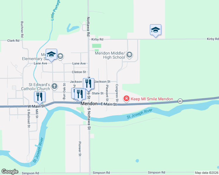 map of restaurants, bars, coffee shops, grocery stores, and more near 322 Jackson Street in Mendon