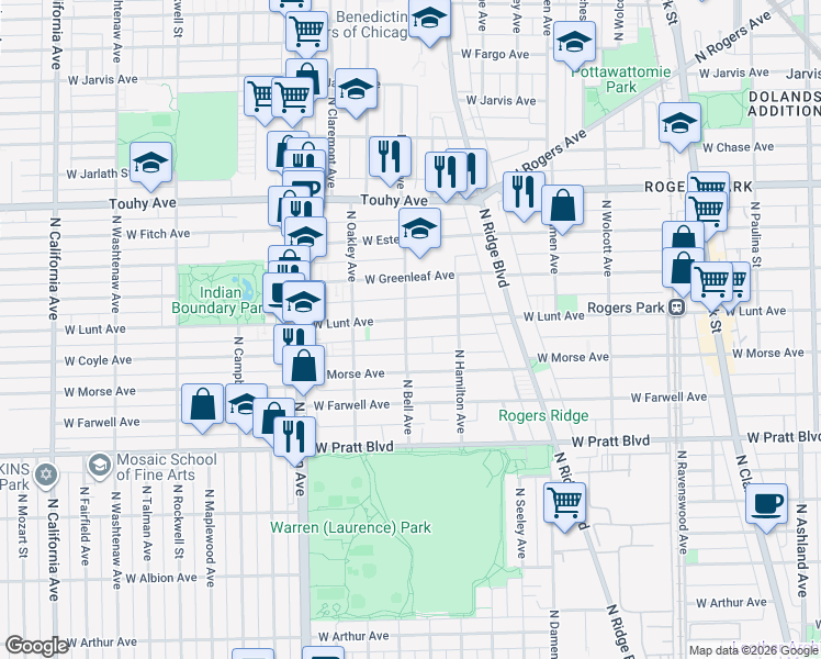 map of restaurants, bars, coffee shops, grocery stores, and more near 6973 North Bell Avenue in Chicago