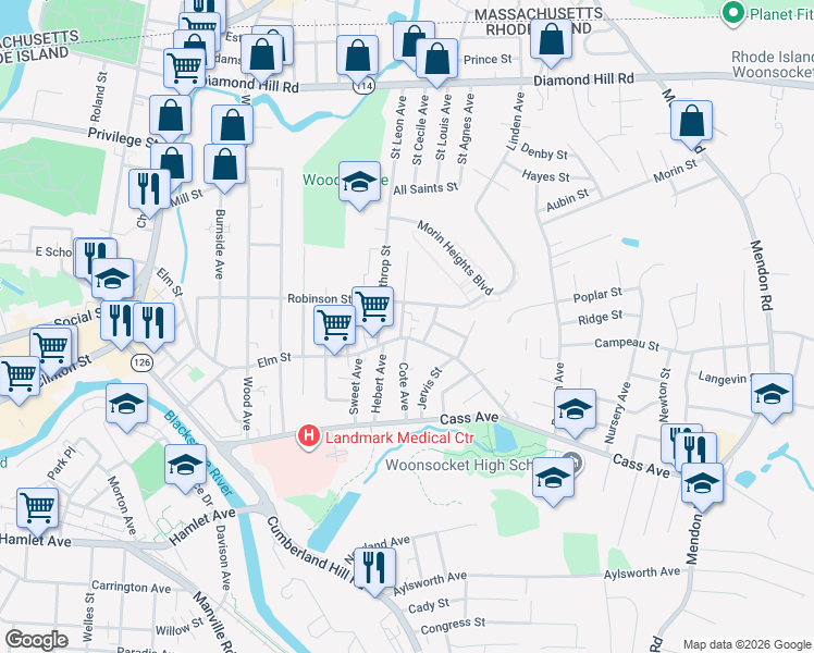 map of restaurants, bars, coffee shops, grocery stores, and more near 61 Rutland Street in Woonsocket