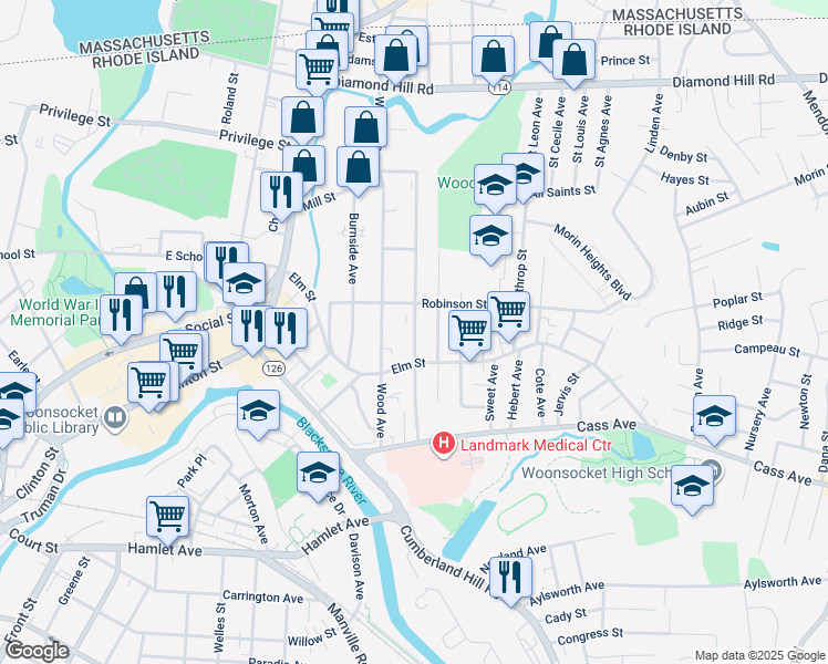 map of restaurants, bars, coffee shops, grocery stores, and more near 92 Progresso Avenue in Woonsocket