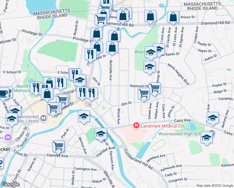 map of restaurants, bars, coffee shops, grocery stores, and more near 275 Wood Avenue in Woonsocket