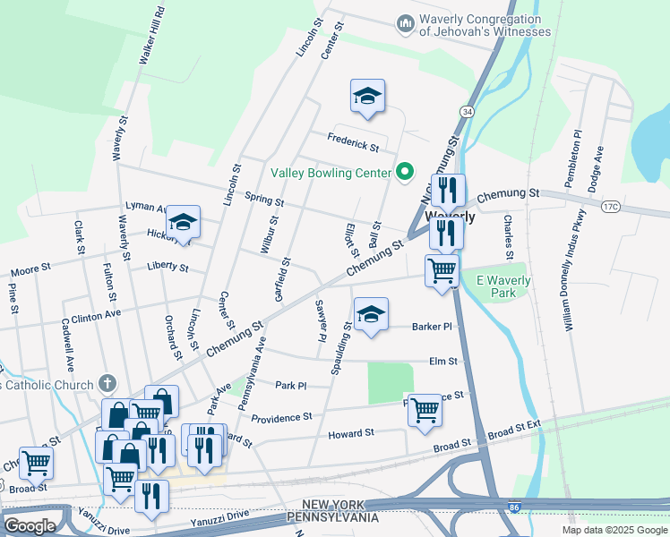 map of restaurants, bars, coffee shops, grocery stores, and more near 4 Cooper Street in Waverly
