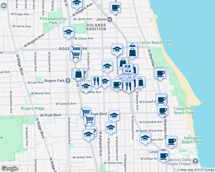 map of restaurants, bars, coffee shops, grocery stores, and more near 1531 West Lunt Avenue in Chicago