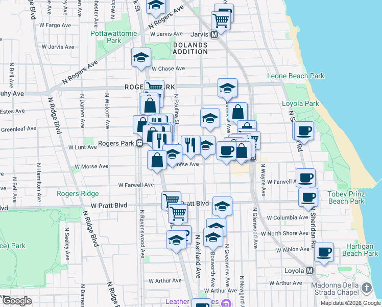 map of restaurants, bars, coffee shops, grocery stores, and more near 1605 West Lunt Avenue in Chicago