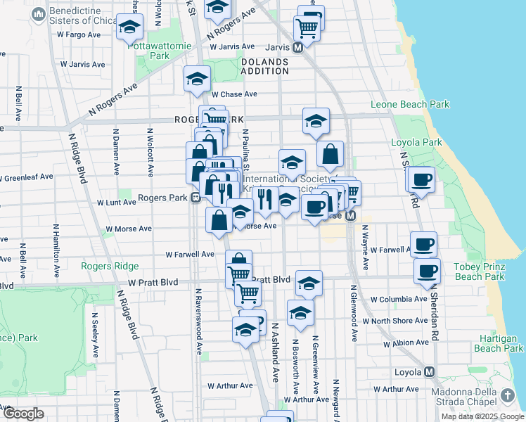 map of restaurants, bars, coffee shops, grocery stores, and more near 1642 West Lunt Avenue in Chicago