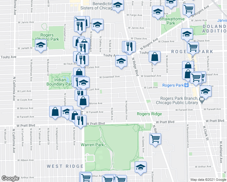 map of restaurants, bars, coffee shops, grocery stores, and more near 2134 West Lunt Avenue in Chicago
