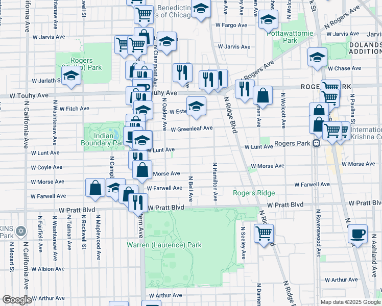 map of restaurants, bars, coffee shops, grocery stores, and more near 2134 West Lunt Avenue in Chicago
