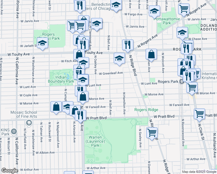 map of restaurants, bars, coffee shops, grocery stores, and more near 2134 West Lunt Avenue in Chicago