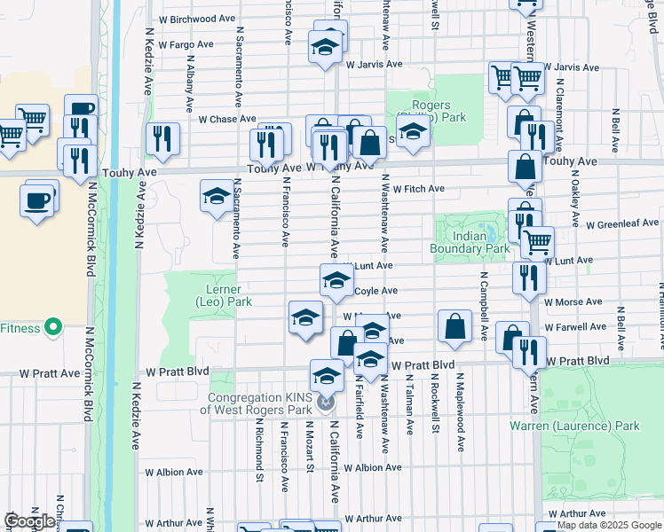 map of restaurants, bars, coffee shops, grocery stores, and more near 2815 West Greenleaf Avenue in Chicago