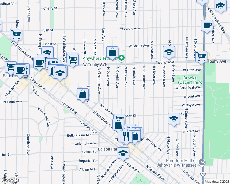 map of restaurants, bars, coffee shops, grocery stores, and more near 7038 North Overhill Avenue in Chicago