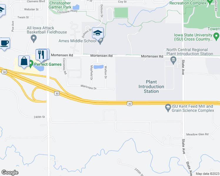 map of restaurants, bars, coffee shops, grocery stores, and more near 3911 Maricopa Drive in Ames
