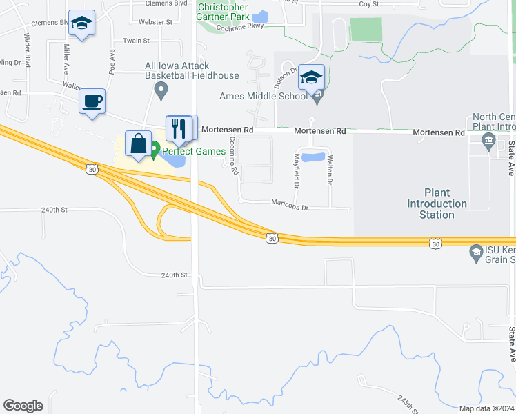 map of restaurants, bars, coffee shops, grocery stores, and more near 4335 Maricopa Drive in Ames