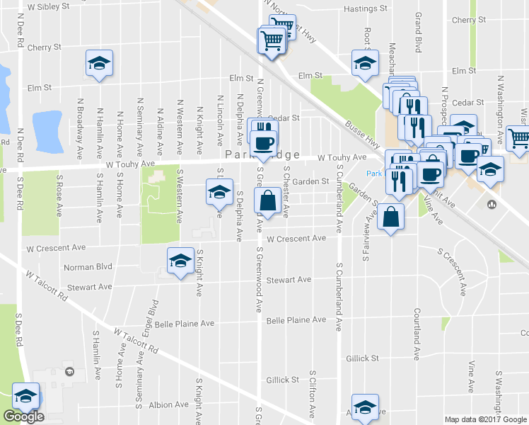 map of restaurants, bars, coffee shops, grocery stores, and more near in Park Ridge