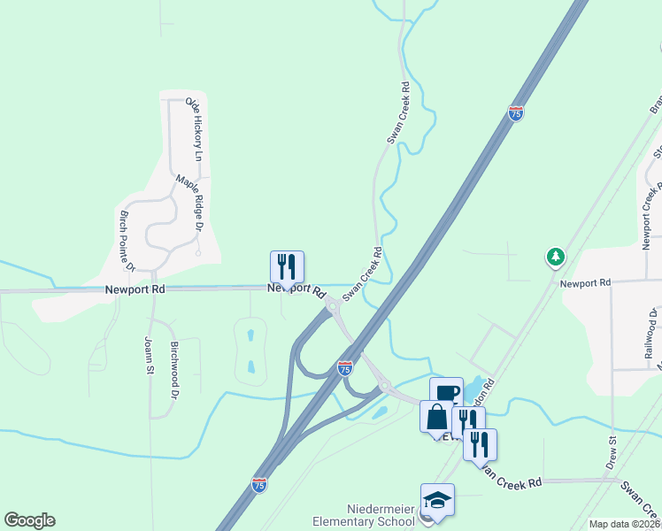 map of restaurants, bars, coffee shops, grocery stores, and more near 3399-3499 Newport Road in Berlin Charter Township