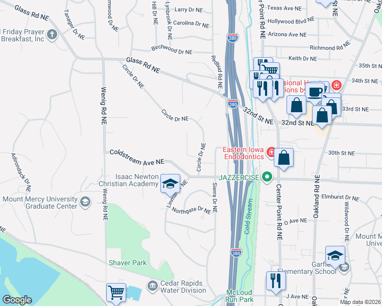map of restaurants, bars, coffee shops, grocery stores, and more near 3001 Circle Dr NE in Cedar Rapids