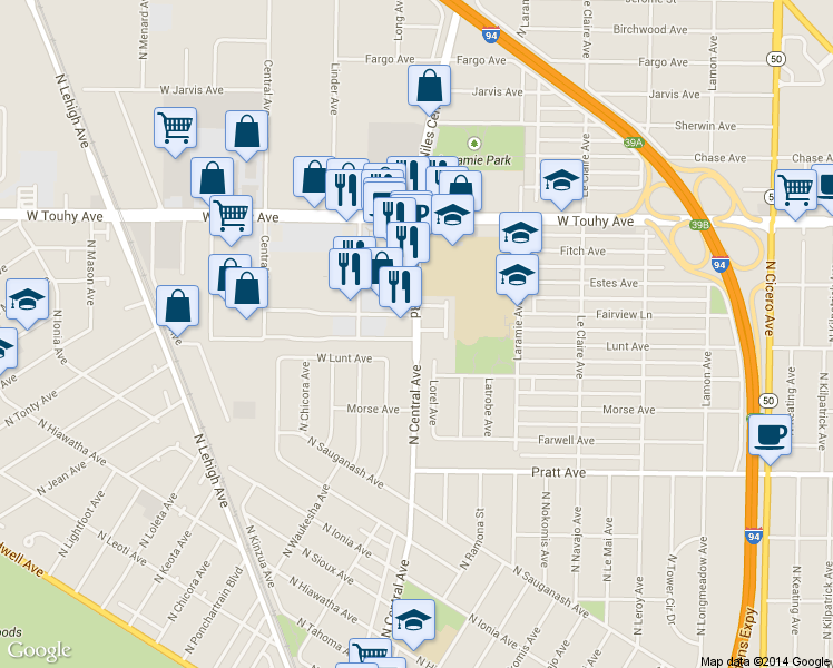 map of restaurants, bars, coffee shops, grocery stores, and more near 7016 Carpenter Rd in Skokie