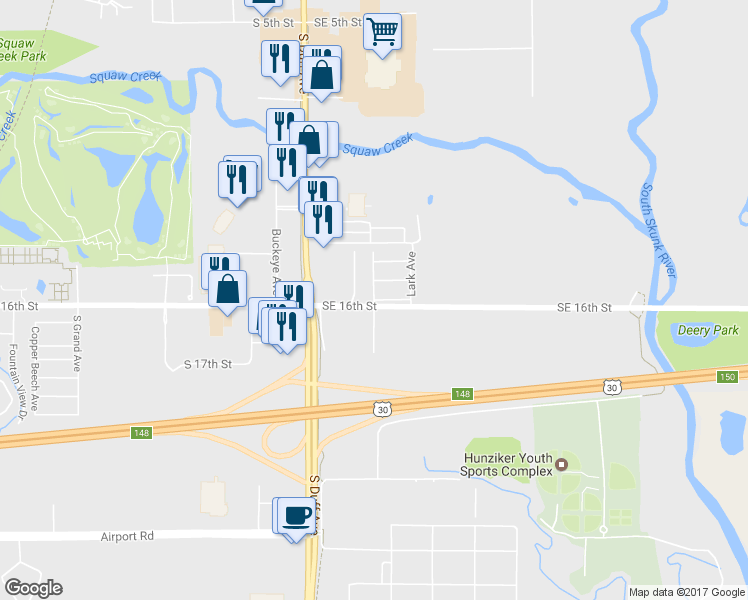 map of restaurants, bars, coffee shops, grocery stores, and more near 115 Wren Avenue in Ames