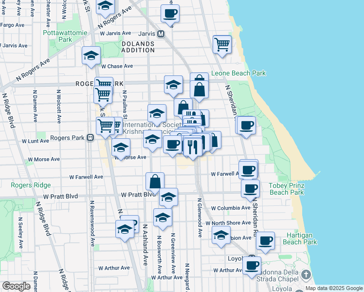 map of restaurants, bars, coffee shops, grocery stores, and more near 1445 West Lunt Avenue in Chicago
