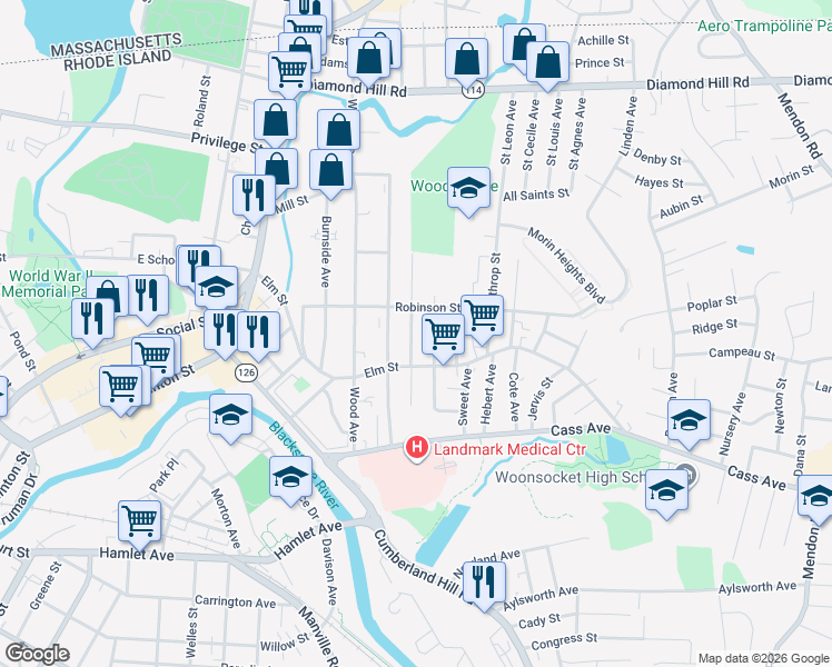 map of restaurants, bars, coffee shops, grocery stores, and more near 92 Progresso Avenue in Woonsocket