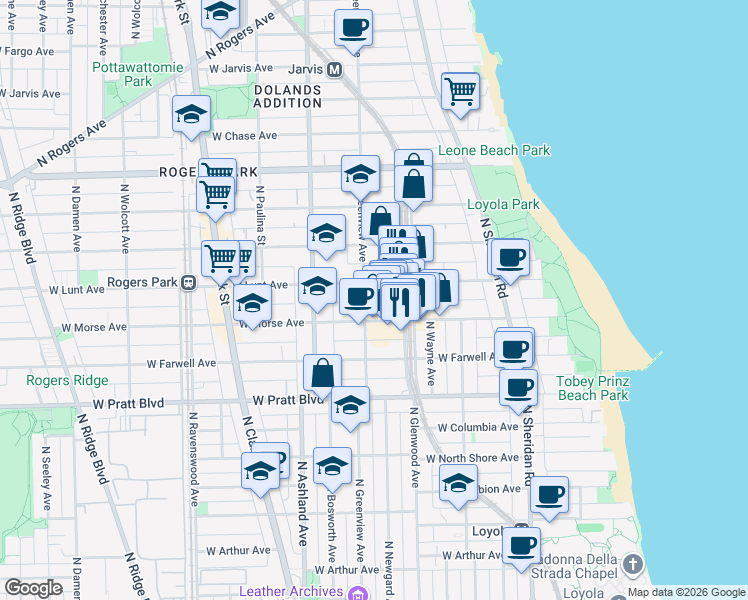 map of restaurants, bars, coffee shops, grocery stores, and more near 1445 West Lunt Avenue in Chicago