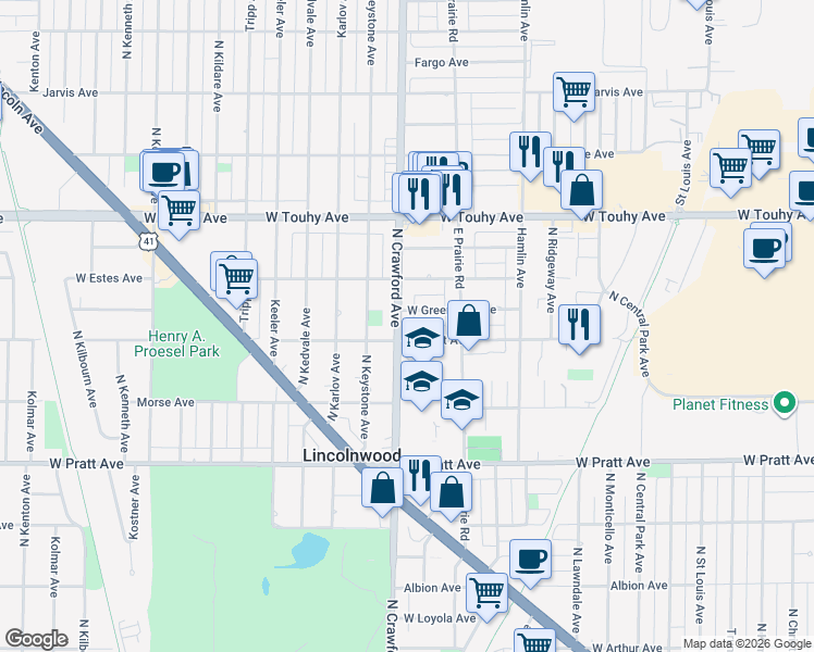 map of restaurants, bars, coffee shops, grocery stores, and more near 7030 North Crawford Avenue in Lincolnwood