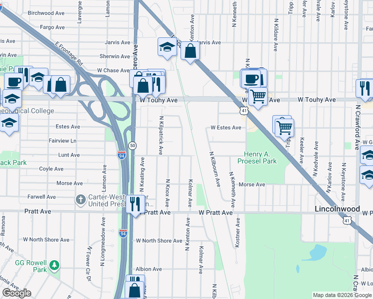 map of restaurants, bars, coffee shops, grocery stores, and more near 7034 North Kenton Avenue in Lincolnwood