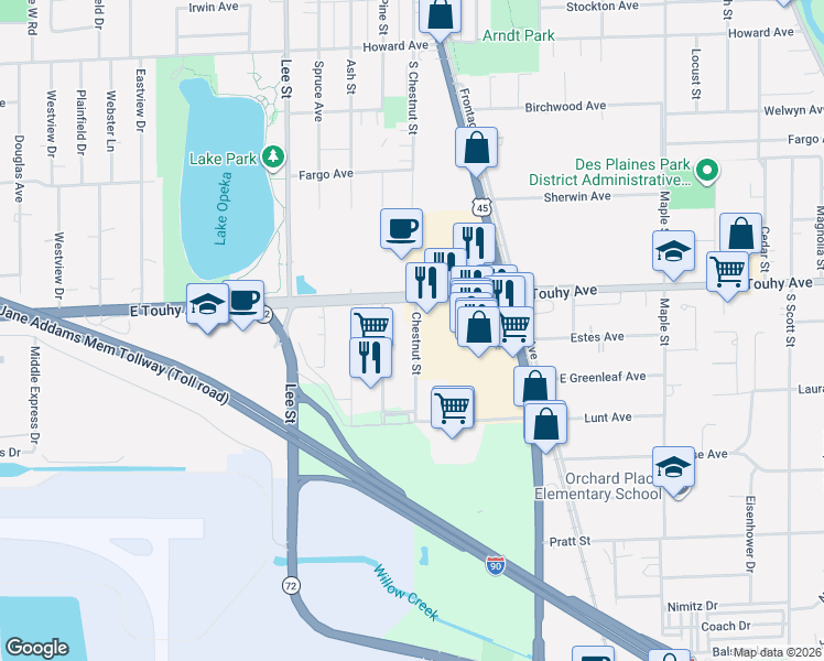 map of restaurants, bars, coffee shops, grocery stores, and more near 10431 East Touhy Avenue in Rosemont