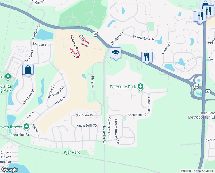 map of restaurants, bars, coffee shops, grocery stores, and more near 1338 Tamarack Drive in Bartlett