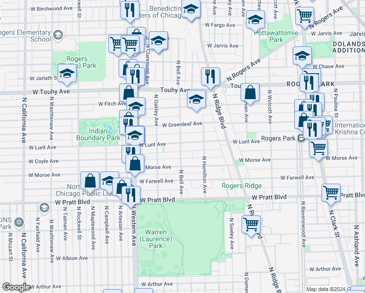 map of restaurants, bars, coffee shops, grocery stores, and more near 6975 North Bell Avenue in Chicago