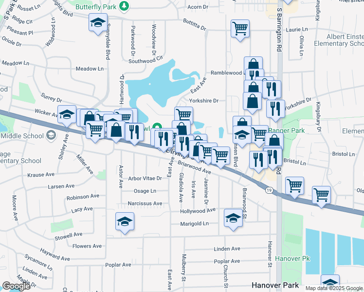 map of restaurants, bars, coffee shops, grocery stores, and more near 1075 East Avenue in Streamwood