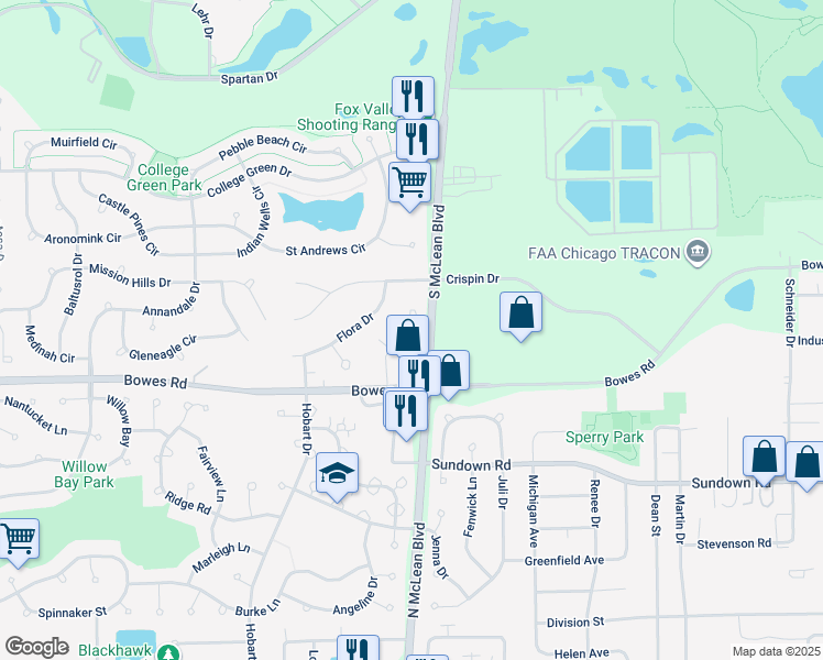 map of restaurants, bars, coffee shops, grocery stores, and more near 1508 Arbor Lane in Elgin