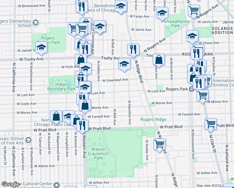 map of restaurants, bars, coffee shops, grocery stores, and more near 6977 North Bell Avenue in Chicago