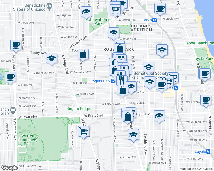 map of restaurants, bars, coffee shops, grocery stores, and more near 1809 West Lunt Avenue in Chicago