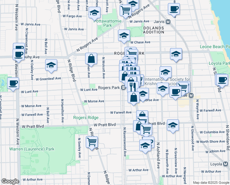 map of restaurants, bars, coffee shops, grocery stores, and more near 1809 West Lunt Avenue in Chicago