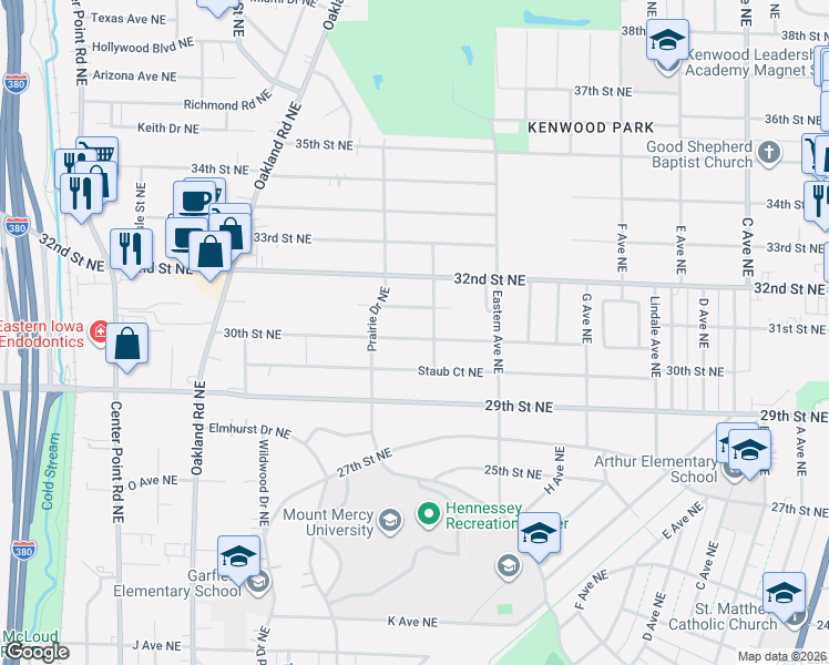 map of restaurants, bars, coffee shops, grocery stores, and more near 1118 30th Street Northeast in Cedar Rapids