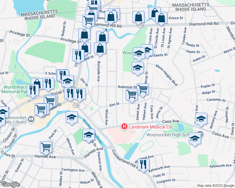 map of restaurants, bars, coffee shops, grocery stores, and more near 92 Progresso Avenue in Woonsocket