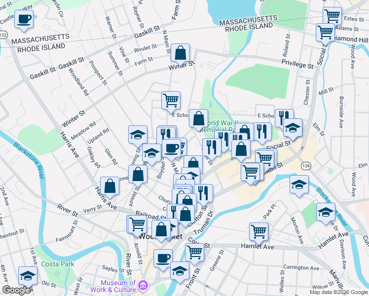 map of restaurants, bars, coffee shops, grocery stores, and more near 110 Daniels Street in Woonsocket
