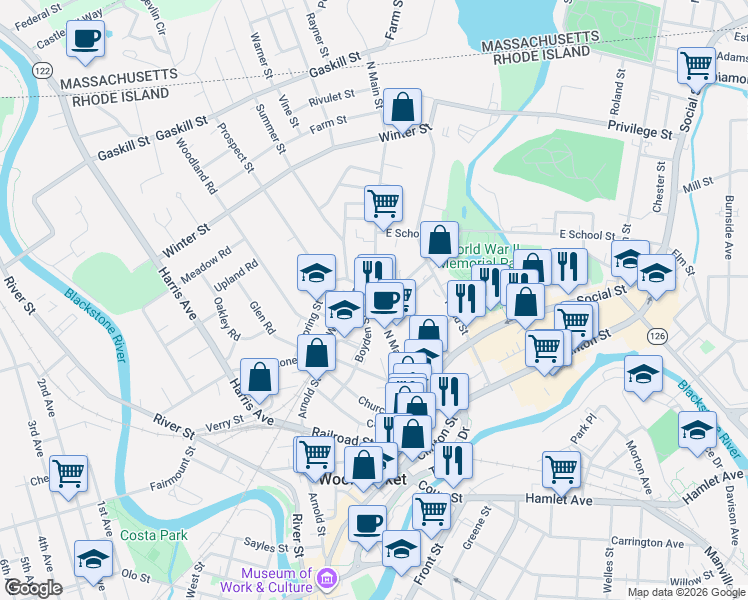 map of restaurants, bars, coffee shops, grocery stores, and more near 241 Shorr Court in Woonsocket