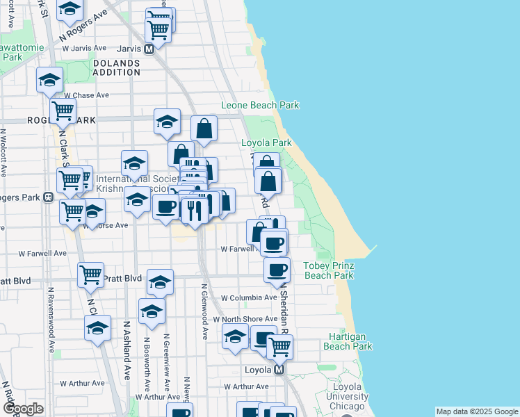 map of restaurants, bars, coffee shops, grocery stores, and more near 1215 West Lunt Avenue in Chicago