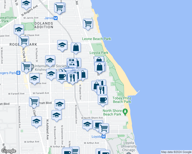 map of restaurants, bars, coffee shops, grocery stores, and more near 1215 West Lunt Avenue in Chicago