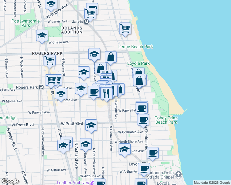 map of restaurants, bars, coffee shops, grocery stores, and more near 1317 West Lunt Avenue in Chicago