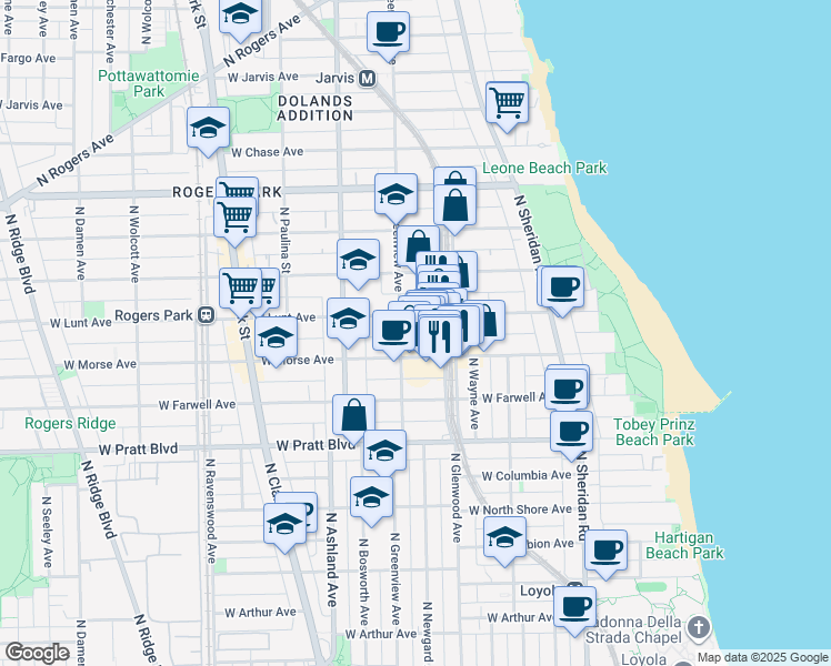 map of restaurants, bars, coffee shops, grocery stores, and more near 1445 West Lunt Avenue in Chicago
