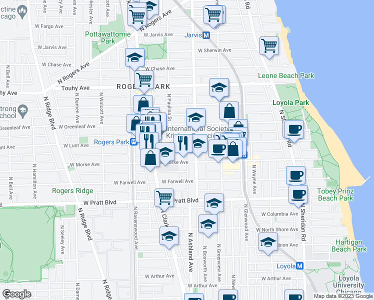 map of restaurants, bars, coffee shops, grocery stores, and more near 1605 West Lunt Avenue in Chicago