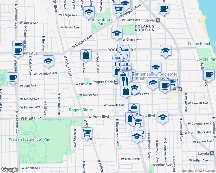 map of restaurants, bars, coffee shops, grocery stores, and more near 1809 West Lunt Avenue in Chicago