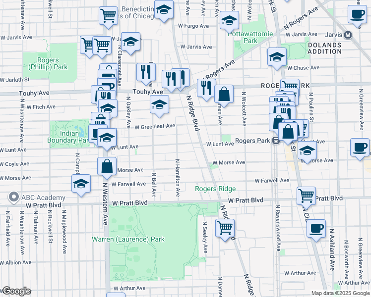 map of restaurants, bars, coffee shops, grocery stores, and more near 7004 North Ridge Boulevard in Chicago